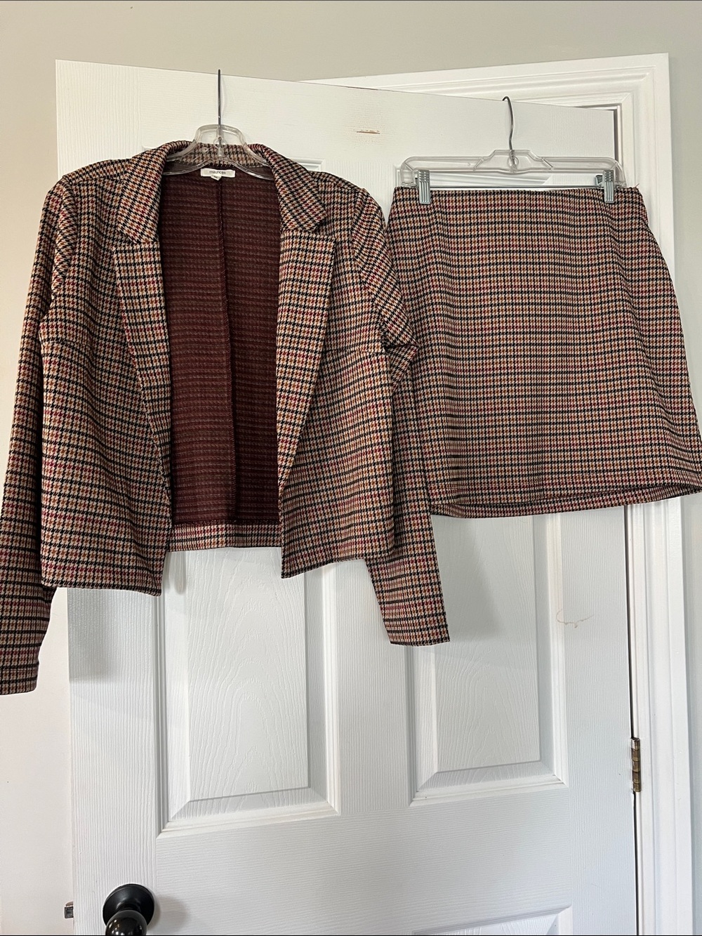 Maurices 2 piece Brown Plaid Cropped Blazer and Mini Skirt Set